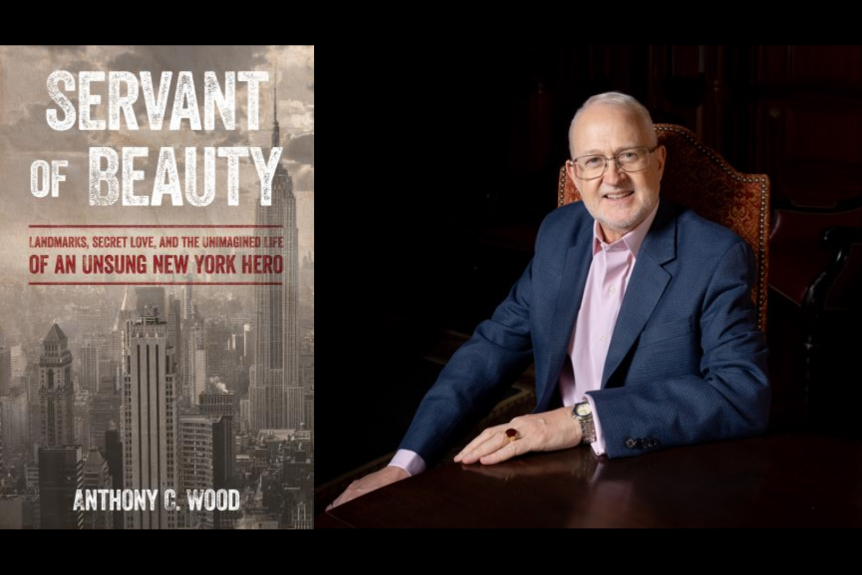 A book cover entitled Servant of Beauty with the NYC skyline and a separate photo of a man in a blue suit sitting